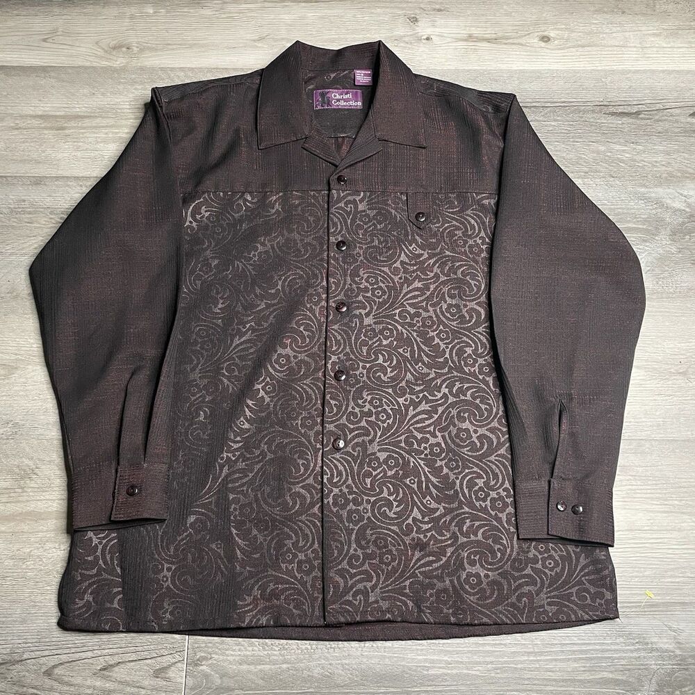 Christi Collection Mens M Shiny Satin Jacquard Club Shirt Brown Two Tone Y2K